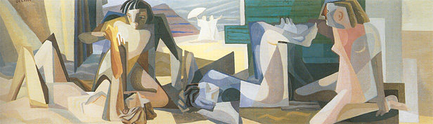 Donne distese sulla spiaggia (1937/39) Oil on wood cm 60 x 200